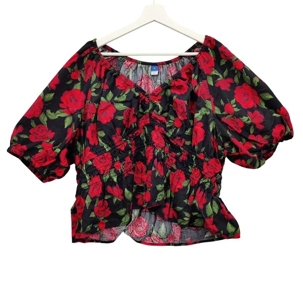 Old Navy Womens Cottage Romantic Rose Floral Peplum Top XL Black Red Puff Sleeve